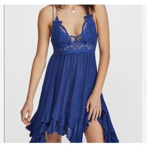 Free People FP One Adella Slip Dress Women Small Navy Floral Crochet Lace Ruffle